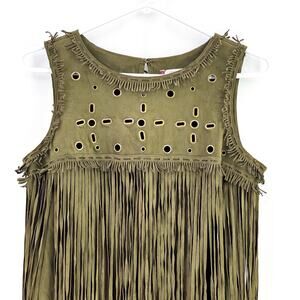 Chelsea & Violet Suede Fringed Sheath Olive Green Dress XS Boho Hippie Country